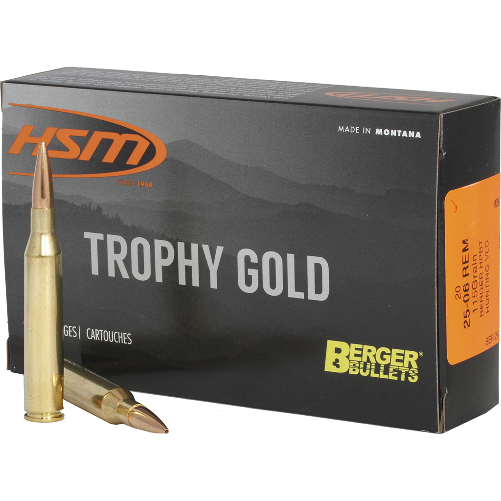 HSM Trophy Gold Rifle Ammunition 25-06 Rem. Berger 115 gr. 20 rd. Model: BER-2506115VLD