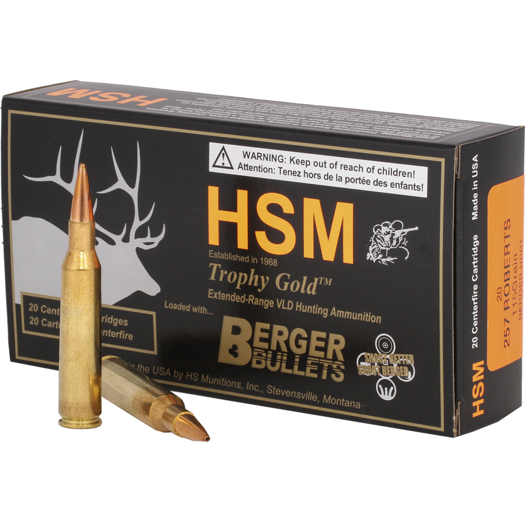 HSM Trophy Gold Rifle Ammunition 257 Roberts Berger 115 gr. 20 rd. Model: BER-257R115VLD