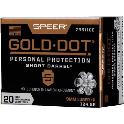 Speer Gold Dot Personal Protection Pistol Ammo 9mm +P 124 gr. HP Short Barrel 20 rd.